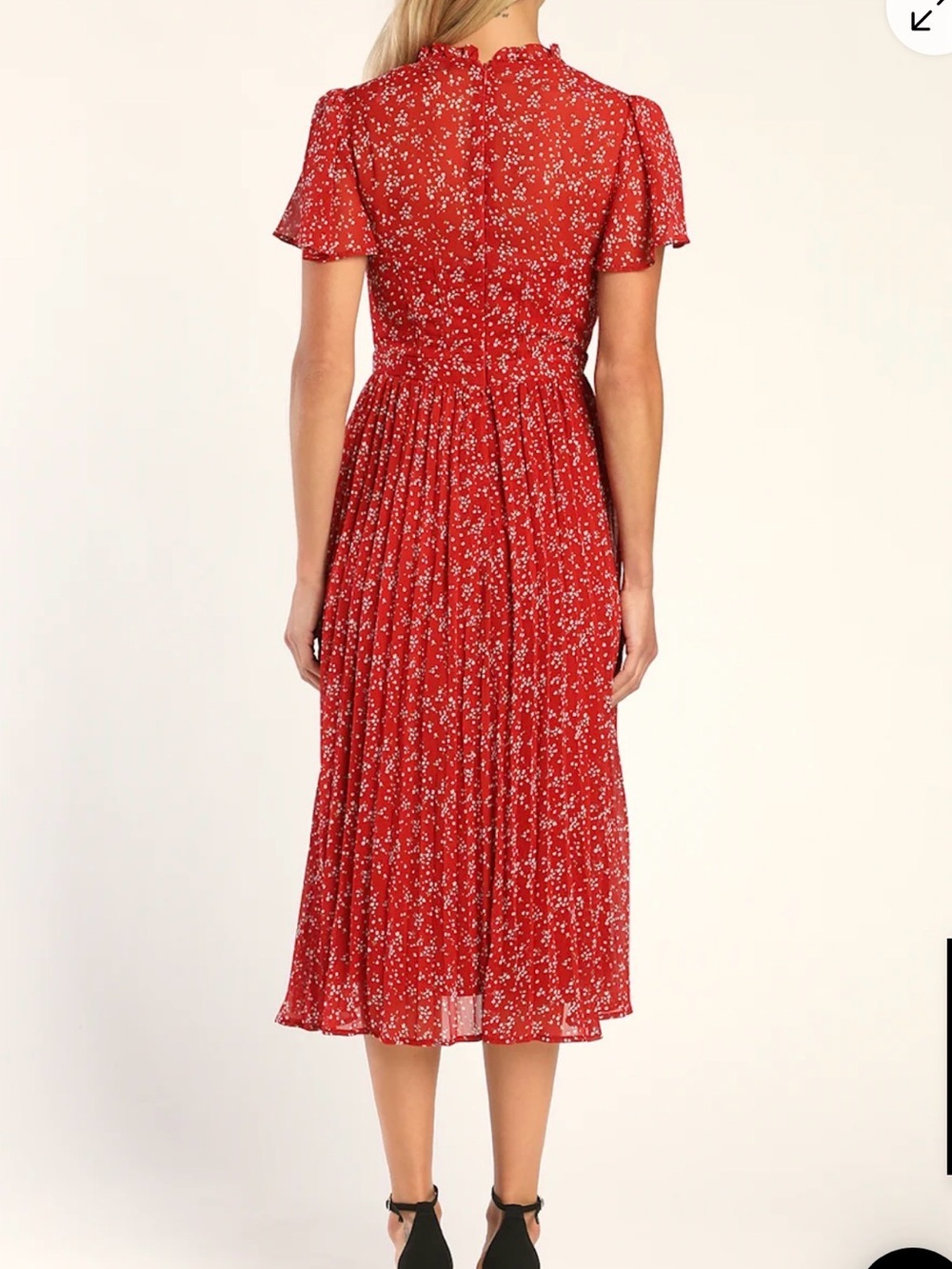Lulus,Romantic Imaginings Red Floral Flutter Sleeve Midi Dress, Large - Picture 3 of 3
